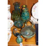 A GROUP OF MDINA GLASS, to include five examples in the 'Crystal Blue Stripe' pattern and a green