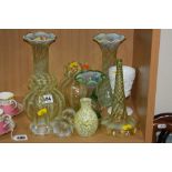 A GROUP OF VASELINE AND OTHER GLASS VASES, FLUTES ETC, to include a pair vases height 21cm, a pair