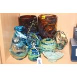A GROUP OF MDINA GLASS, to include two large tortoiseshell vases, two blue vases and a knot