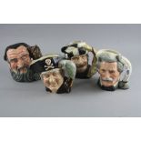 FOUR ROYAL DOULTON LARGE CHARACTER JUGS, 'Mark Twain' D6654, 'Trapper' D6609, 'Merlin' D6529 and '