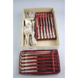 A BOX OF MIXED FLATWARE, etc