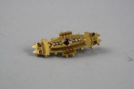 A VICTORIAN BAR BROOCH SET WITH SEED PEARL AND GARNET AND HAIRLOCKET ON REVERSE (boxed), total