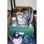 A BOX AND LOOSE CERAMICS, CAMERA ETC, to include puzzle jug, blue and white platters, tureens,