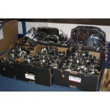 FIVE BOXES OF OLD HALL STAINLESS STEEL, including trays, teawares, toast racks, etc