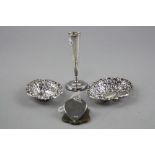TWO SMALL SILVER PIERCED DISHES, small vase and paper holder (4)
