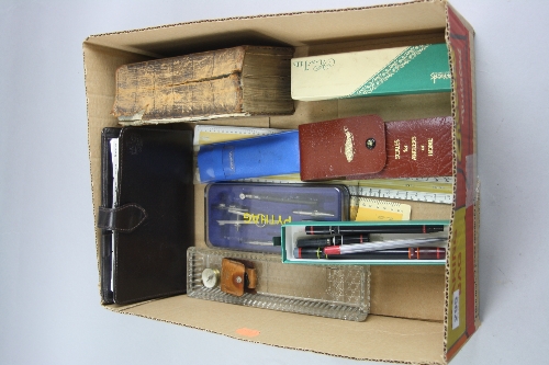 A BOX OF MISCELLANEOUS, including bible, compass, small scales for anglers, rulers etc