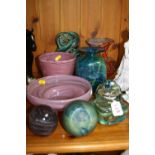 A GROUP OF MDINA GLASS, to include a pink swirled vase and bowl, a multi coloured mottled vase, a