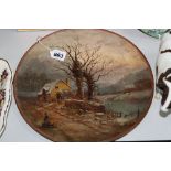 A WATCOMBE, TORQUAY STONEWARE PLAQUE, depicting Winter scene, figures in foreground outside cottage,