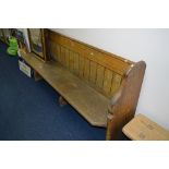 A 20TH CENTURY PITCH PINE WALL FITTED CHURCH PEW, approximate size width 198cm x height 92cm x depth