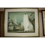RUSSIAN SCHOOL, watercolour, large cat foreground, framed but missing glass, 48cm x 62cm