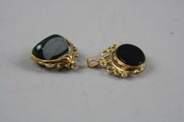 TWO 9CT GOLD HARDSTONE SWIVEL FOBS, total weight approximately 11.0 grams