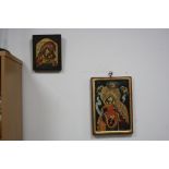 TWO GREEK ICONS, in the manner of Byzantine Art etc, sizes approximately 35.5cm x 25cm and 22cm x