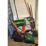 A QUALCAST ELECTRIC LAWN MOWER, with grass box, a Black and Decker strimmer, a lawn seeder and