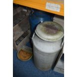 AN ALUMINIUM MILK CHURN, with feeder to side marked School of Agriculture and a Bladen Daqiry