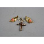 A PAIR OF 9CT CORAL EARINGS AND A 9CT CROSS, approximate total weight 3.6 grams