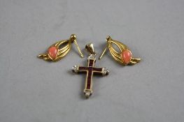 A PAIR OF 9CT CORAL EARINGS AND A 9CT CROSS, approximate total weight 3.6 grams