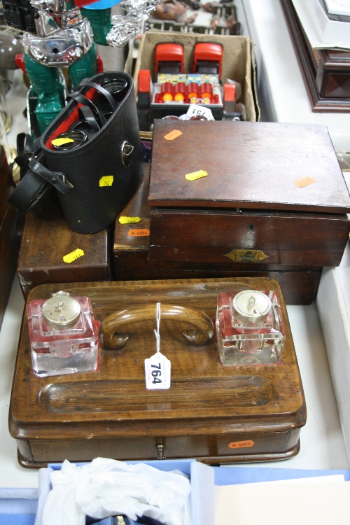 A DESK STAND, with two glass inkwells, a pair of Photax binoculars 8 x 30, cased and three various