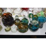 A GROUP OF MDINA GLASS, to include a textured tortoiseshell vase, an earth tones paperweight and a