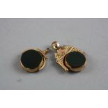 TWO GOLD HARDSTONE SWIVEL FOBS, total approximate weight 13.2 grams