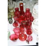A GROUP OF CRANBERRY COLOURED GLASS, etc, to include jugs, vases, glasses