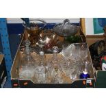 TWO BOXES OF GLASSWARE, including decanters, vases, drinking glasses, Carnival glass, blue glass