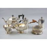 A THREE PIECE PLATED TEASET, pair of Cafe au Lait pots and wine holder