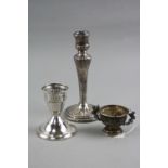 TWO SILVER CANDLE STICKS AND SILVER DISH (3)