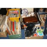 FOUR BOXES OF SUNDRIES, to include teawares, maps, books, camera equipment, work box, musical