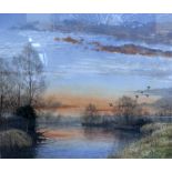 A WATERCOLOUR PAINTING OF A SUNSET SCENE OVER A LAKE, by an unknown artist, approximately 63cm x