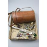 A TRAY OF MIXED ITEMS, to include leather canteen holder, assorted costume jewellery, etc