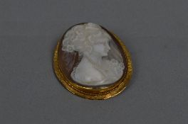 AN EARLY TO MID 20TH CENTURY CAMEO BROOCH, shell cameo depicting a lady in profile, textured