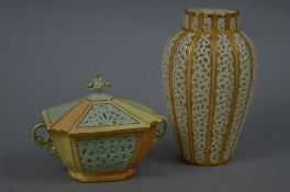 A GRAINGER & CO WORCESTER RETICULATED BALUSTER VASE, of lobed form, alternating pierced ivory and