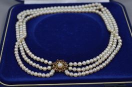 A LATE 20TH CENTURY THREE ROW CULTURED PEARL NECKLET, three rows of uniform Akoya cultured pearls,