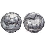 Lucania, Sybaris AR Stater. Circa 530-510 BC. Bull standing left, head right; VM in exergue / Incuse