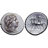 Campania, Suessa Aurunca AR Didrachm. Circa 265-240 BC. Head of Apollo right, wearing laurel wreath,