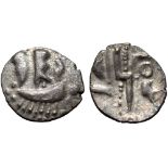 Britannia, the Durotriges AR Quarter Stater. 58 BC - AD 43. 'Three men on a boat' design; pellet