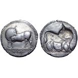 Lucania, Sybaris AR Stater. Circa 530-510 BC. Bull standing left, head right; VM in exergue / Incuse