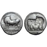 Lucania, Sybaris AR Drachm. Circa 530-510 BC. Bull standing left, head right; VM in exergue / Incuse