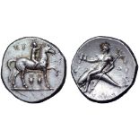 Calabria, Tarentum AR Nomos. Circa 280-272 BC. Eu... and Apollo..., magistrates. Nude youth on