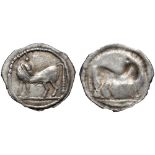 Lucania, Sybaris AR Obol. Circa 530-510 BC. Bull standing left, head right / Incuse of obverse. Roma