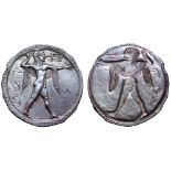 Lucania, Poseidonia AR Stater. Circa 530-500 BC. Poseidon, diademed and wearing chlamys over