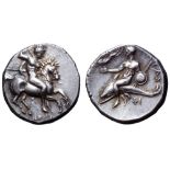 Calabria, Tarentum AR Nomos. Circa 332-302 BC. Herakl..., magistrate. Nude warrior on horseback
