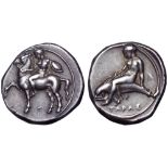 Calabria, Tarentum AR Nomos. Circa 390-385 BC. Nude warrior on horseback left, holding reins in