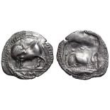 Lucania, Sybaris AR Drachm. Circa 530-510 BC. Bull standing left, head right; VM in exergue / Incuse