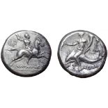 Calabria, Tarentum AR Nomos. Circa 240-228 BC. Olympis, magistrate. Horseman riding right,