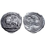 Lucania, Sybaris AR Obol. Circa 530-510 BC. Bull standing left, head reverted; VM in exergue / Ram's