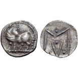 Lucania, Sybaris AR Obol. Circa 550-510 BC. Bull standing left, head right / Large M V; four pellets