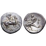 Calabria, Tarentum AR Nomos. Circa 281-272 BC. Gu..., Sostratos, and Poly..., magistrates. Nude,