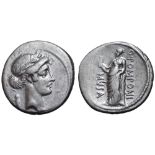 Q. Pomponius Musa AR Denarius. Rome, 66 BC. Laureate head of Apollo right, scroll behind / Clio,