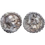 Mn. Aquillius Mn. f. Mn. n. AR Serrate Denarius. Rome, 71 BC. Helmeted bust of Virtus right;